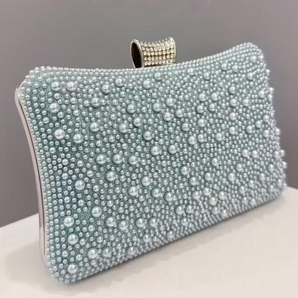 Pearl-Embellished Silver Evening Clutch
